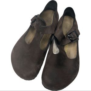 Birkenstock Dark Brown Leather T Strap Clogs